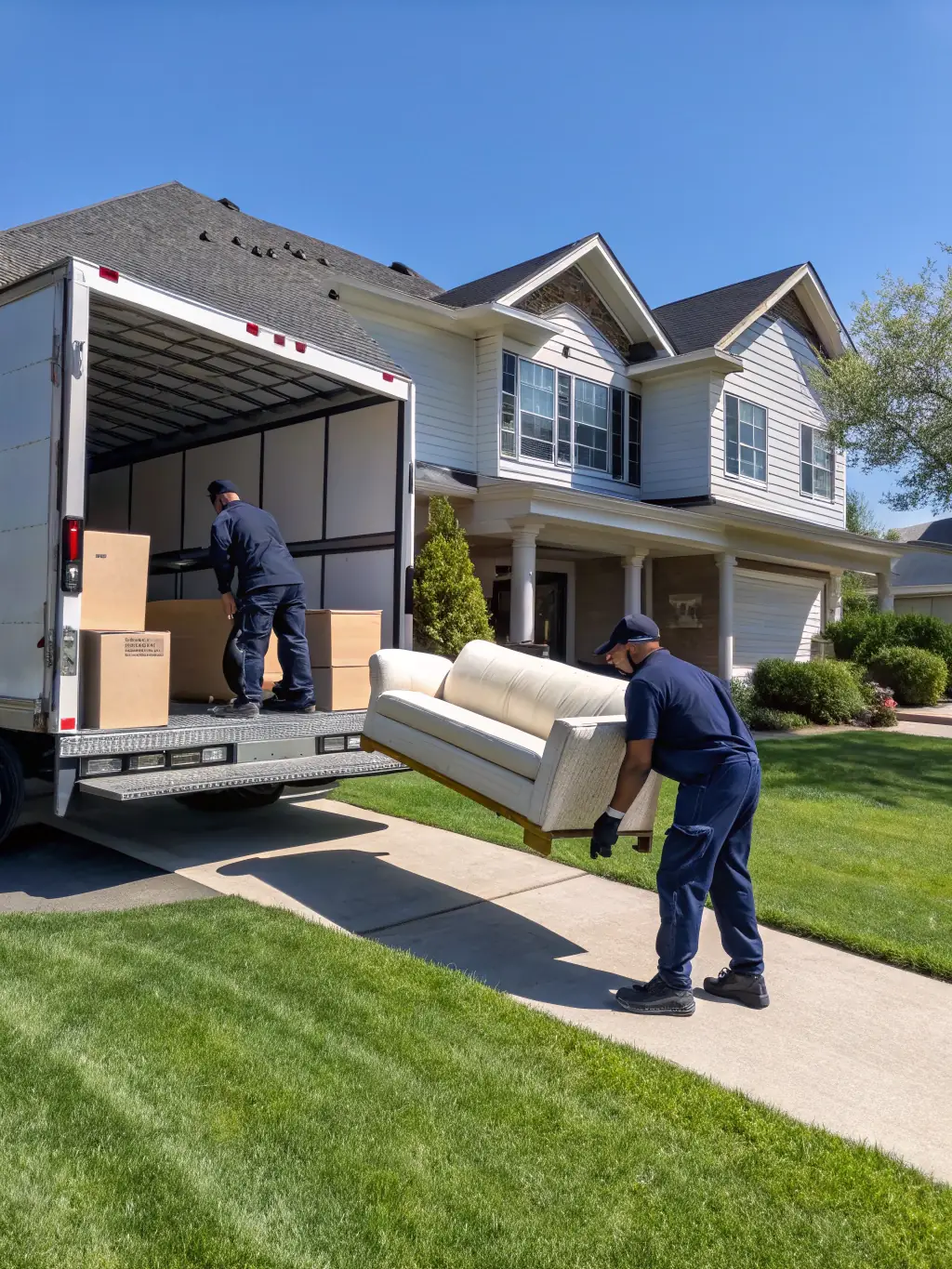 An image showing movers using specialized equipment, such as ramps and dollies, to securely load furniture and boxes onto a moving truck, ensuring efficient and damage-free transport for an out-of-state move.