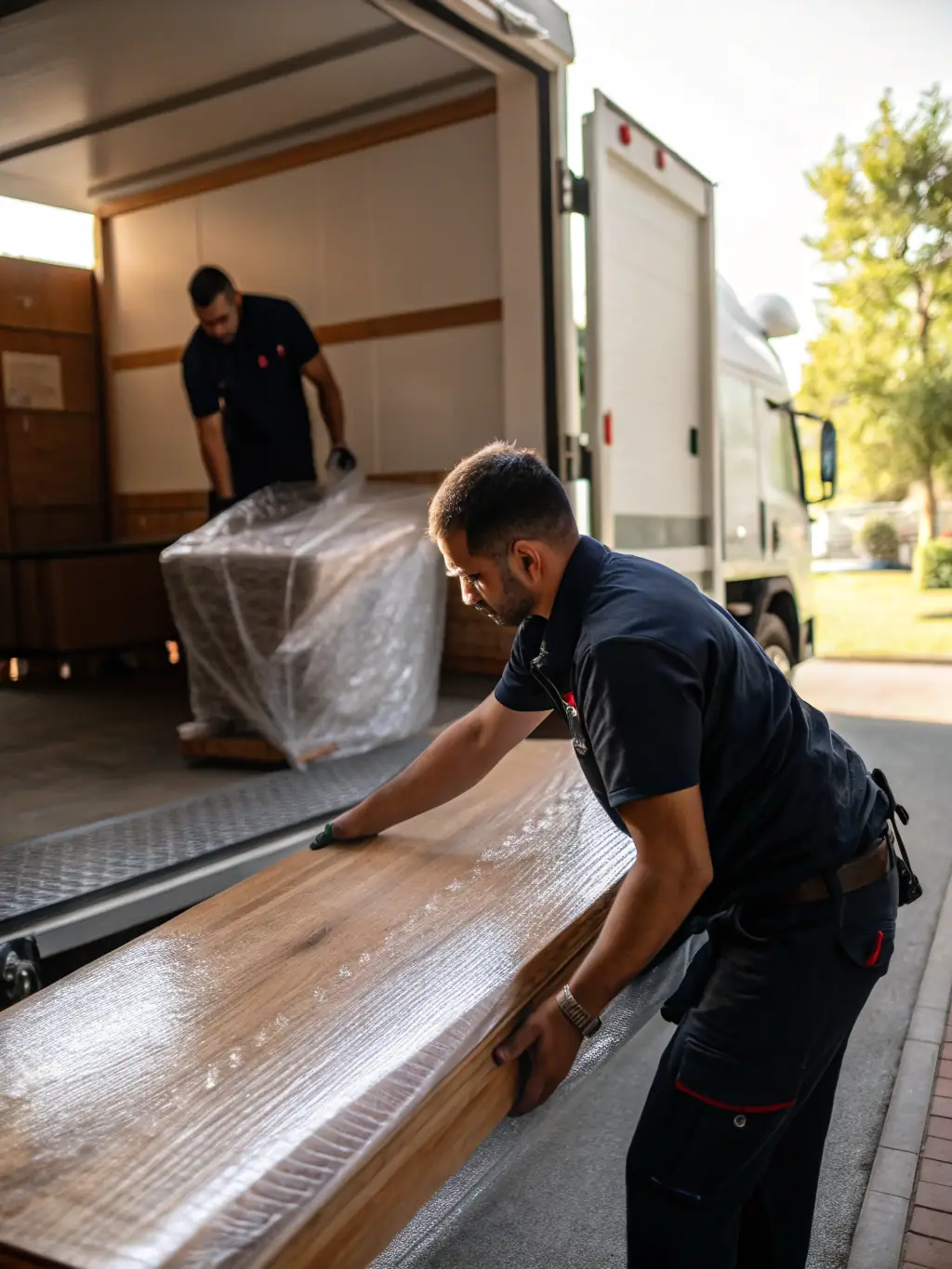 A high-quality photo of MetroGlide Movers' team carefully wrapping furniture with protective blankets inside a customer's home, showcasing their attention to detail and care during the packing process.