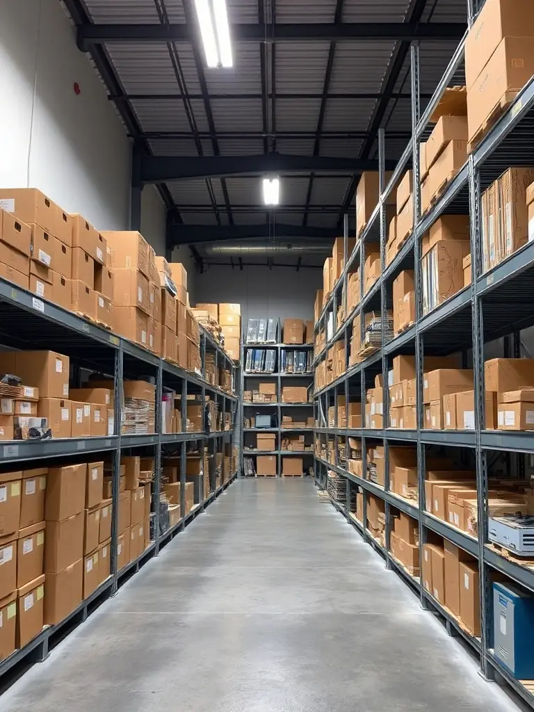 A clean, well-lit 5x5 storage unit filled with neatly stacked boxes, showcasing efficient use of space.
