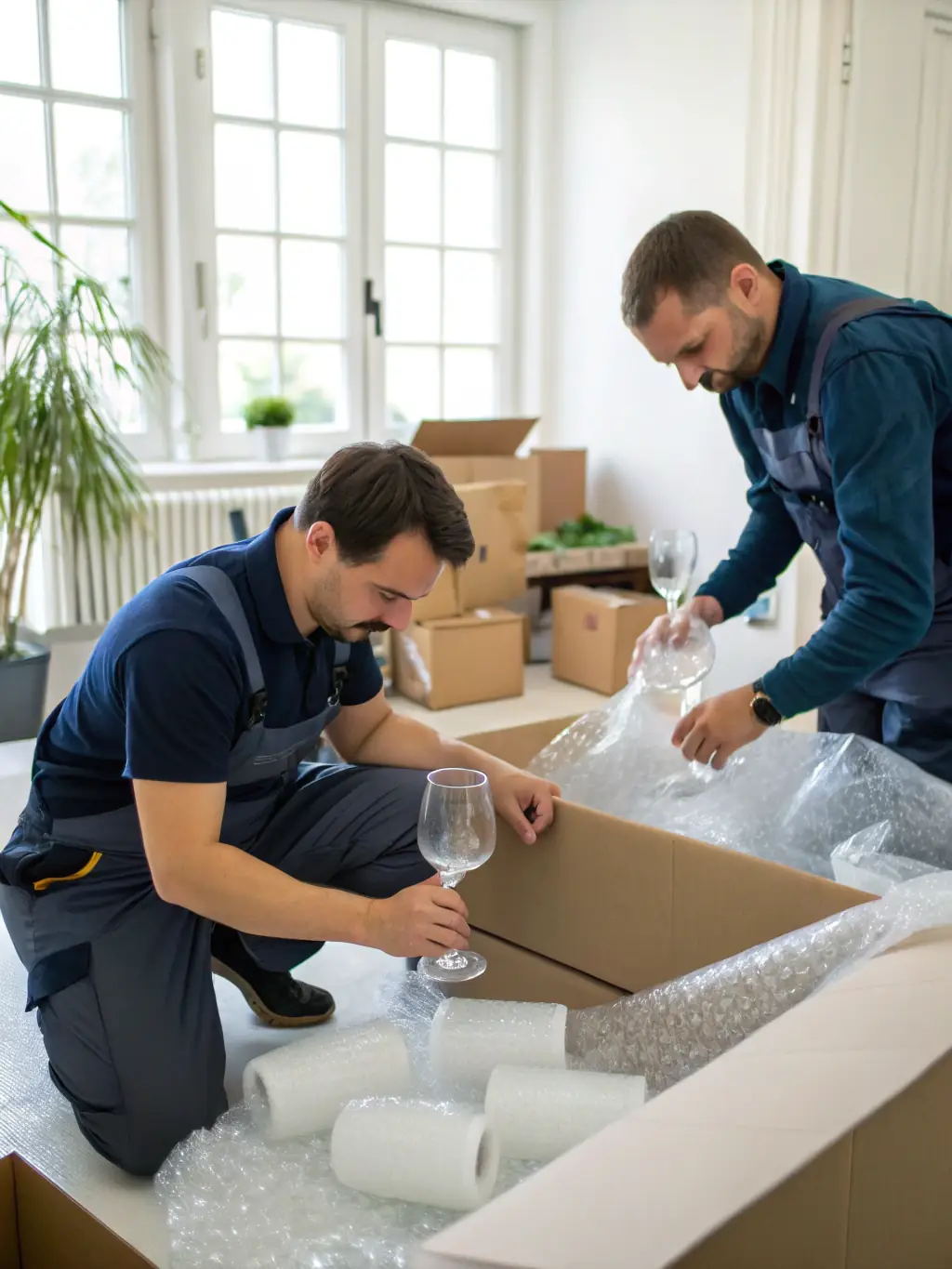 A high-resolution image depicting professional movers carefully packing fragile items, such as glassware and artwork, into sturdy boxes with protective padding, inside a customer's home during an out-of-state move.
