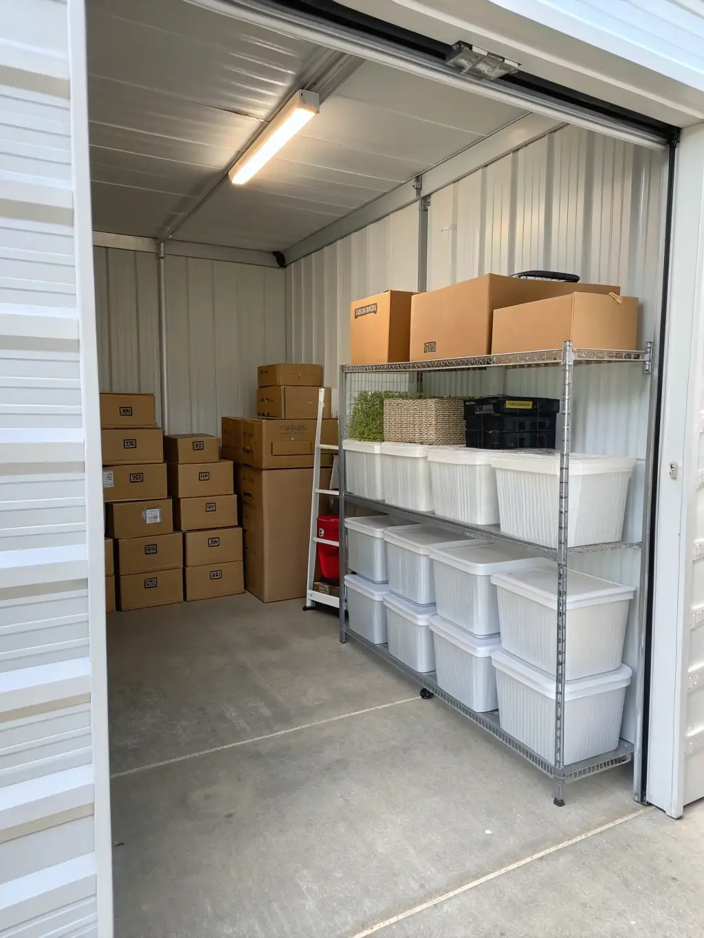 A 10x10 storage unit with furniture, boxes, and personal items, demonstrating its capacity for larger storage needs.
