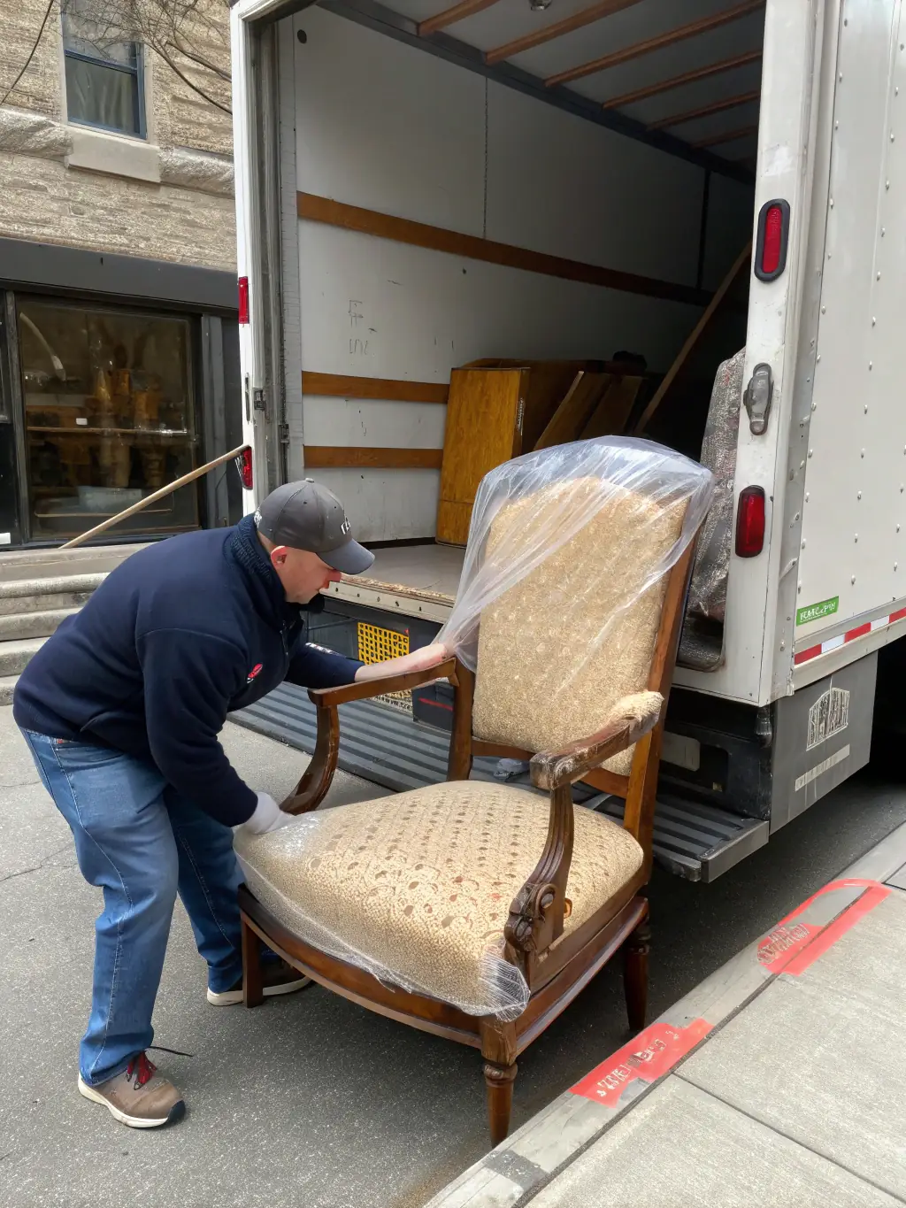 A picture of MetroGlide Movers' team carefully disassembling and wrapping a large piece of furniture, such as a piano or a large cabinet, demonstrating their specialized moving capabilities.