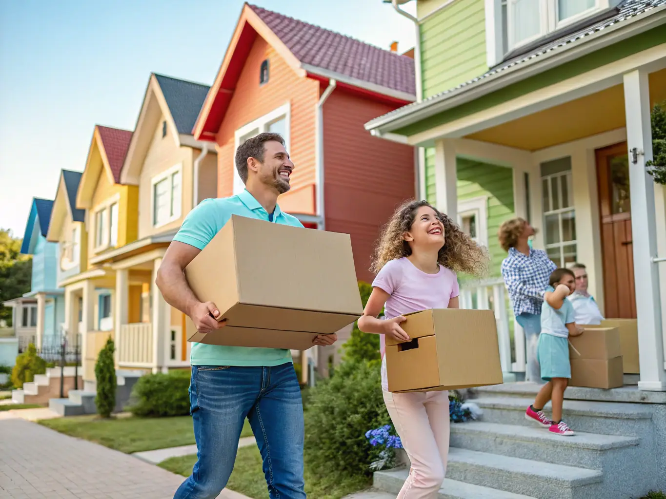 A digital illustration depicting a family happily arriving at their new home in a different state, with a MetroGlide moving truck parked nearby, symbolizing a smooth and stress-free relocation.